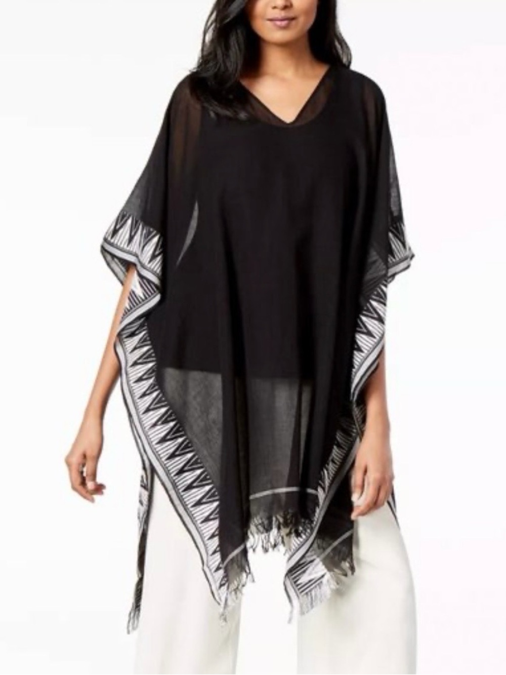 Eileen Fisher One Size Sheer Black Poncho/Swim Coverup Black Geometric Trim GUC